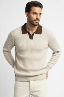 Polo Yaka Renkli Triko Kazak Bej 