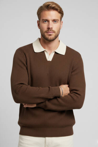 Polo Yaka Renkli Triko Kazak Kahve - Erkek Kazak