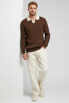 Polo Yaka Renkli Triko Kazak Kahve - Erkek Kazak