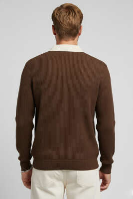 Polo Yaka Renkli Triko Kazak Kahve - Erkek Kazak