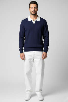 Polo Yaka Renkli Triko Kazak Lacivert - Erkek Kazak