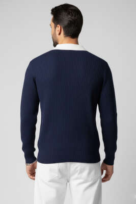 Polo Yaka Renkli Triko Kazak Lacivert - Erkek Kazak