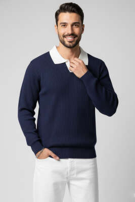 Polo Yaka Renkli Triko Kazak Lacivert