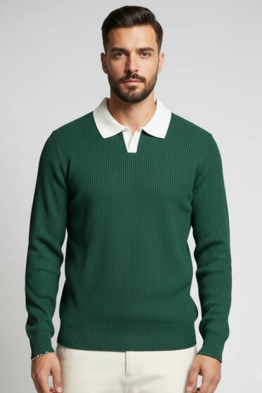 Polo Yaka Renkli Triko Kazak Nefti - Erkek Kazak