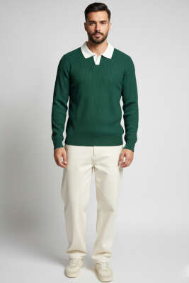 Polo Yaka Renkli Triko Kazak Nefti - Erkek Kazak