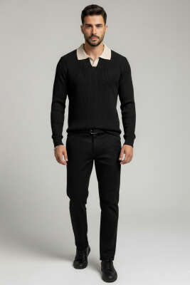 Polo Yaka Renkli Triko Kazak Siyah - Erkek Kazak