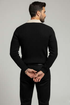 Polo Yaka Renkli Triko Kazak Siyah - Erkek Kazak