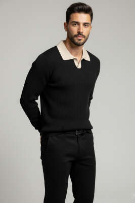 Polo Yaka Renkli Triko Kazak Siyah 