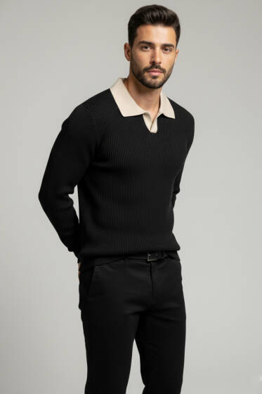 Polo Yaka Renkli Triko Kazak Siyah - Erkek Kazak