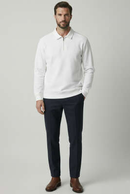 Polo Yaka Ribanalı Erkek Sweatshirt Beyaz - Erkek Sweatshirt