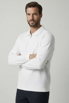 Polo Yaka Ribanalı Erkek Sweatshirt Beyaz - Erkek Sweatshirt