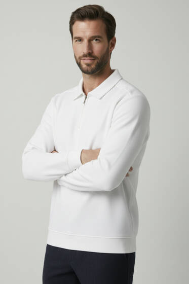 Polo Yaka Ribanalı Erkek Sweatshirt Beyaz - Erkek Sweatshirt