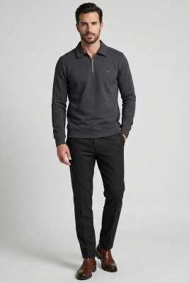 Polo Yaka Ribanalı Erkek Sweatshirt Füme - Erkek Polo Yaka Tişört
