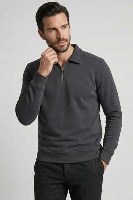 Polo Yaka Ribanalı Erkek Sweatshirt Füme 