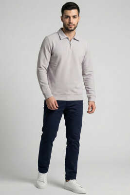 Polo Yaka Ribanalı Erkek Sweatshirt Gri - Erkek Polo Yaka Tişört