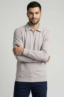 Polo Yaka Ribanalı Erkek Sweatshirt Gri 