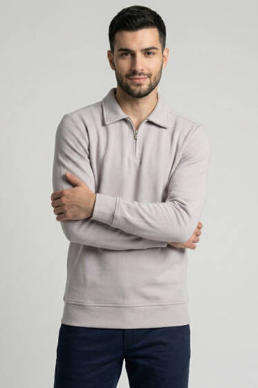 Polo Yaka Ribanalı Erkek Sweatshirt Gri - Erkek Sweatshirt