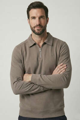 Polo Yaka Ribanalı Erkek Sweatshirt Kül 