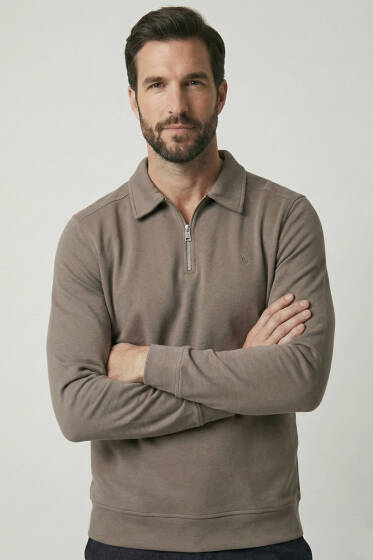 Polo Yaka Ribanalı Erkek Sweatshirt Kül - Erkek Sweatshirt