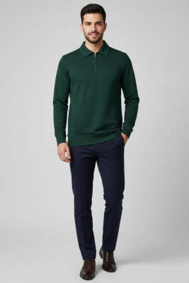 Polo Yaka Ribanalı Erkek Sweatshirt Nefti - Erkek Polo Yaka Tişört