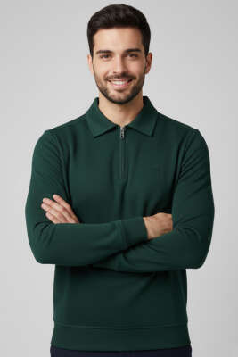 Polo Yaka Ribanalı Erkek Sweatshirt Nefti - Erkek Polo Yaka Tişört