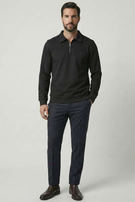 Polo Yaka Ribanalı Erkek Sweatshirt Siyah - Erkek Sweatshirt