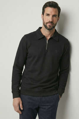 Polo Yaka Ribanalı Erkek Sweatshirt Siyah 