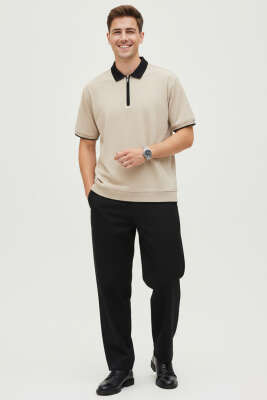 Polo Yaka Ribanalı Fermuarlı Erkek T-shirt Bej - Yeni Erkek Giyim