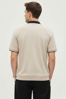 Polo Yaka Ribanalı Fermuarlı Erkek T-shirt Bej - Yeni Erkek Giyim
