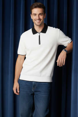 Polo Yaka Ribanalı Fermuarlı Erkek T-shirt Ekru - FRESHMAN