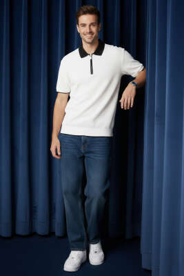 Polo Yaka Ribanalı Fermuarlı Erkek T-shirt Ekru - Yeni Erkek Giyim