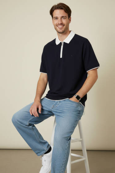 Polo Yaka Ribanalı Fermuarlı Erkek T-shirt Lacivert - Yeni Erkek Giyim