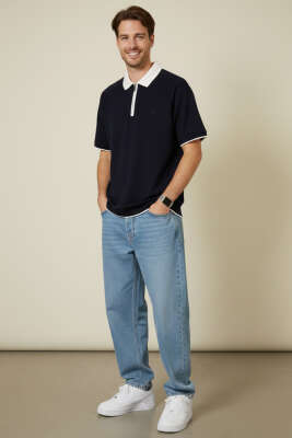 Polo Yaka Ribanalı Fermuarlı Erkek T-shirt Lacivert - Yeni Erkek Giyim