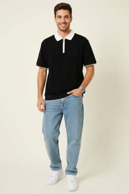 Polo Yaka Ribanalı Fermuarlı Erkek T-shirt Siyah - Yeni Erkek Giyim