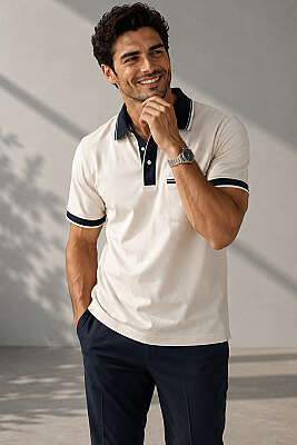 Polo Yaka Sahte Cepli Erkek T-shirt Bej - FRESHMAN