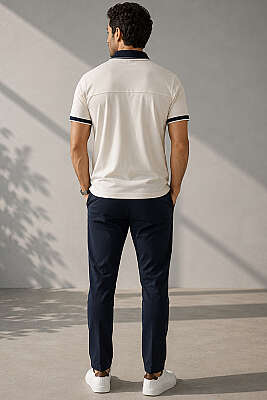 Polo Yaka Sahte Cepli Erkek T-shirt Bej - Erkek Polo Yaka Tişört