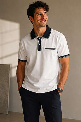 Polo Yaka Sahte Cepli Erkek T-shirt Beyaz - FRESHMAN