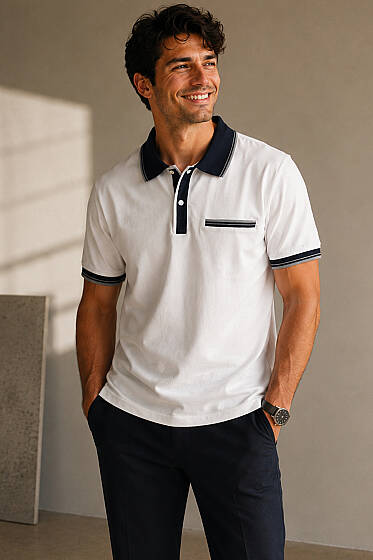 Polo Yaka Sahte Cepli Erkek T-shirt Beyaz - Beyaz Polo Yaka Tişört