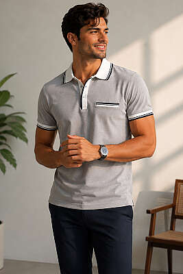 Polo Yaka Sahte Cepli Erkek T-shirt Gri - FRESHMAN