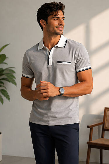 Polo Yaka Sahte Cepli Erkek T-shirt Gri - Erkek Polo Yaka Tişört