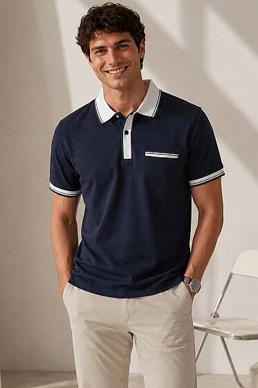 Polo Yaka Sahte Cepli Erkek T-shirt Lacivert - Erkek Polo Yaka Tişört