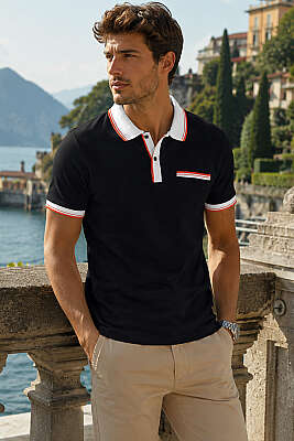 Polo Yaka Sahte Cepli Erkek T-shirt Siyah - FRESHMAN