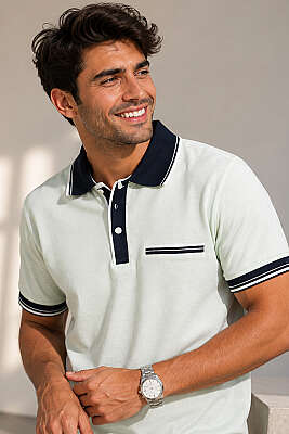 Polo Yaka Sahte Cepli Erkek T-shirt Su Yeşili - FRESHMAN