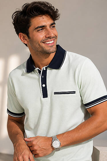 Polo Yaka Sahte Cepli Erkek T-shirt Su Yeşili - Erkek Polo Yaka Tişört