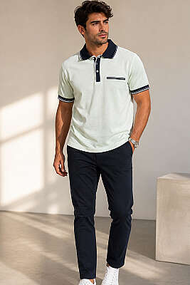 Polo Yaka Sahte Cepli Erkek T-shirt Su Yeşili - Erkek Polo Yaka Tişört