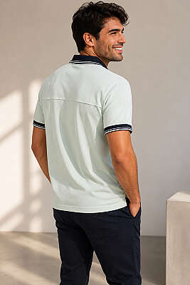 Polo Yaka Sahte Cepli Erkek T-shirt Su Yeşili - Erkek Polo Yaka Tişört