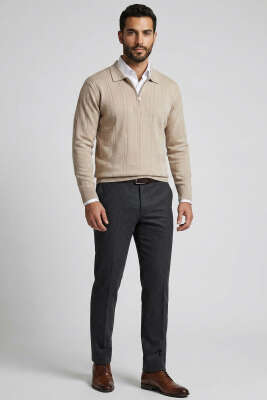 Polo Yaka Sarmal Çizgili Erkek Kazak Bej - Erkek Kazak