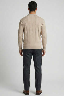 Polo Yaka Sarmal Çizgili Erkek Kazak Bej - Erkek Kazak