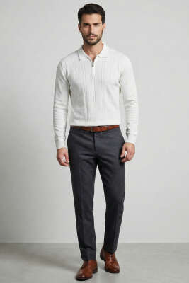 Polo Yaka Sarmal Çizgili Erkek Kazak Beyaz - Erkek Kazak