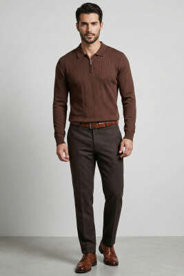 Polo Yaka Sarmal Çizgili Erkek Kazak Kahve - Erkek Kazak